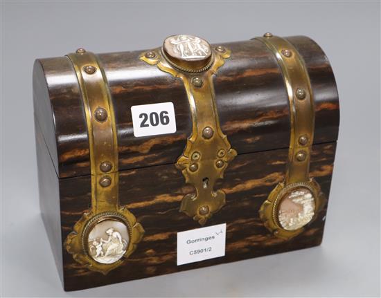 A Victorian brass bound coromandel wood stationery casket, with cameo mounts, height 17.5cm